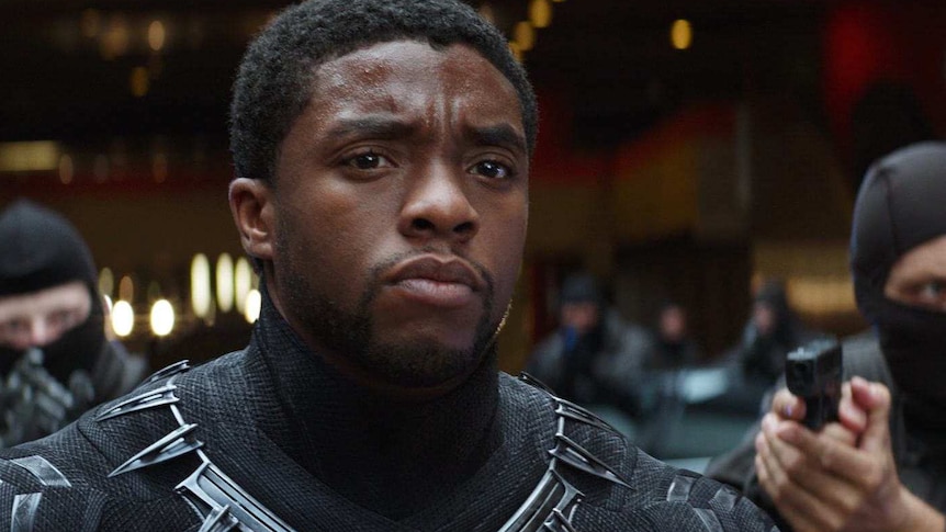 T'Challa wearing the Black Panther suit without his helmet.