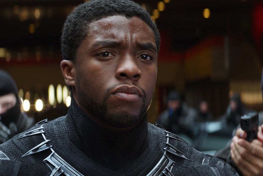 T'Challa wearing the Black Panther suit without his helmet.