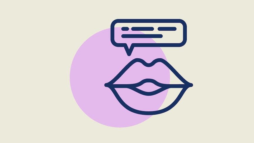 A stylised illustration of a pair of lips with a speech bubble above them