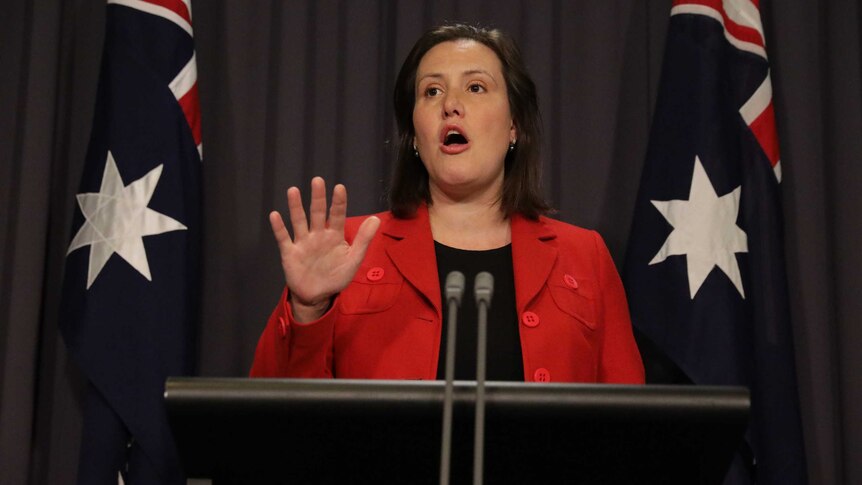 Ms O'Dwyer gesticulates while answering a question. She's wearing a red jacket and standing in front of two Australian flags.