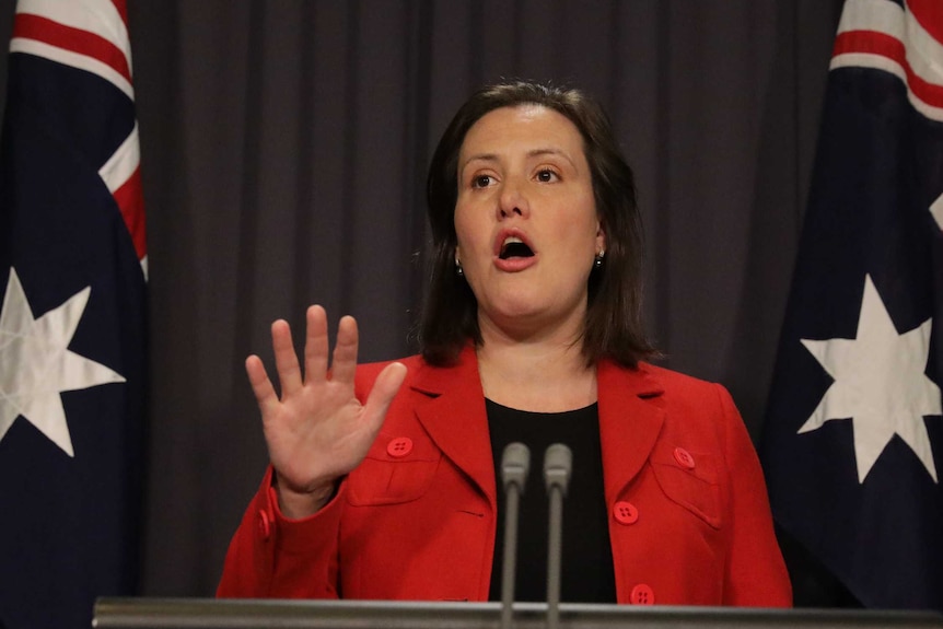 Ms O'Dwyer gesticulates while answering a question. She's wearing a red jacket and standing in front of two Australian flags.