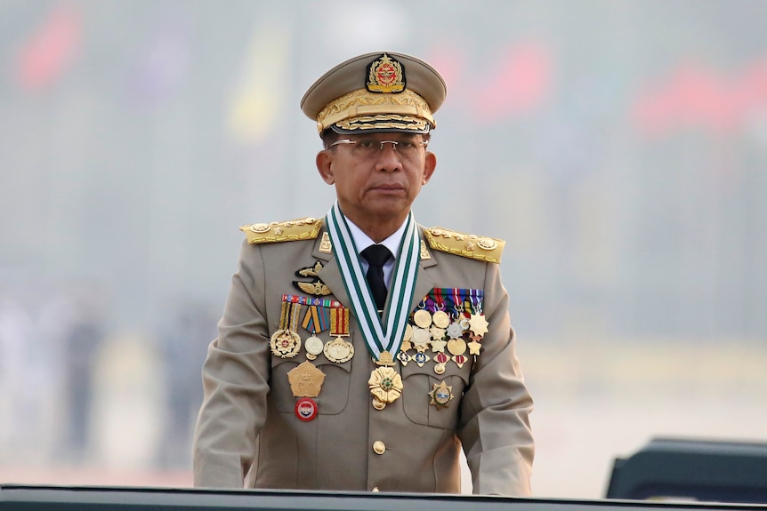 Myanmar Commander-in-Chief Min Aung Hlaing presides over an army parade