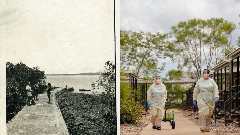 A composite image of Channel Island in Darwin and heath workers at Howard Springs.