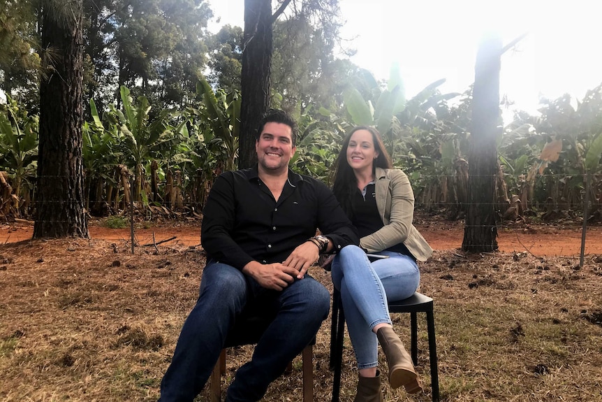 Couple sitting near banana trees