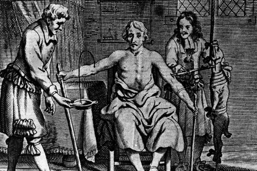 An etching of a worried-looking patient receiving a blood transfusion from a dog in the 1600s