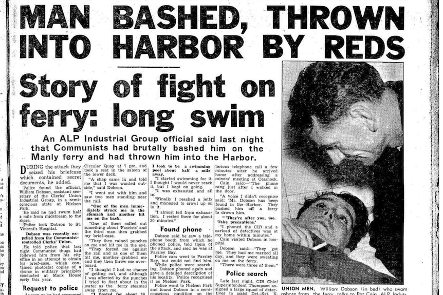 Newspaper with headline "Man bashed, thrown into harbor by reds" and a photo of William Dobson in hospital.
