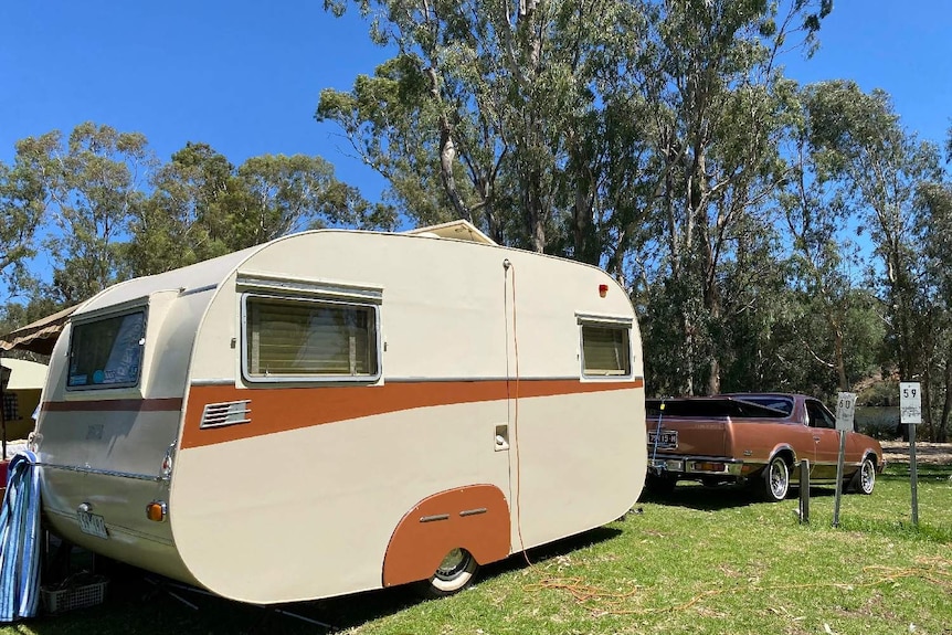 The 'Flynn' caravan was on display at an international trade show during the 1956 Melbourne Olympics.