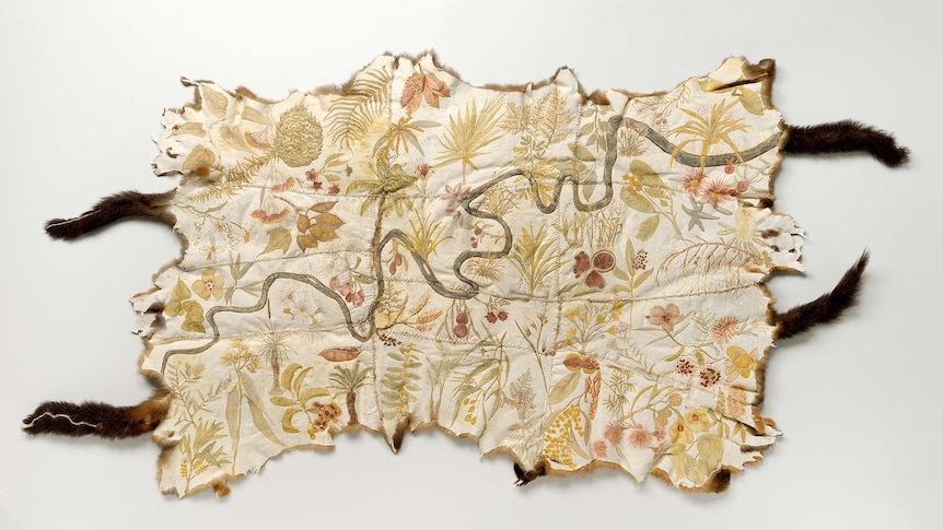 A possum skin cloak embroidered with plants