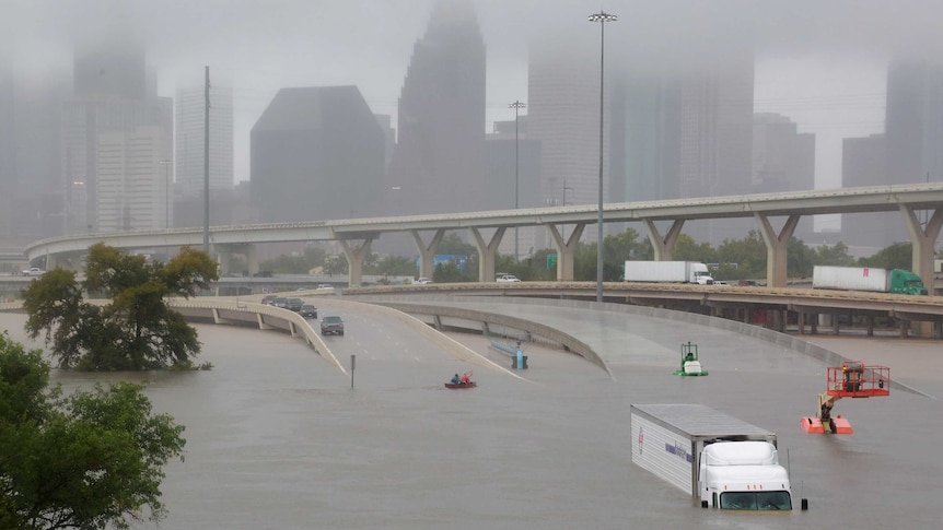 Houston's highway 45 is submerged from the effects of Hurricane Harvey.