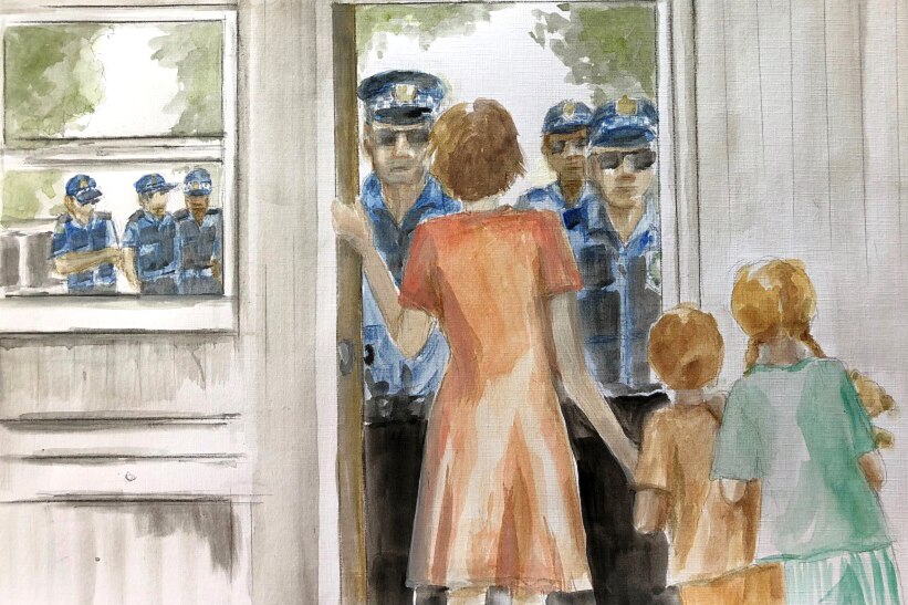 Illustration of a woman opening a door to find police officers outside, while her children stand nearby.