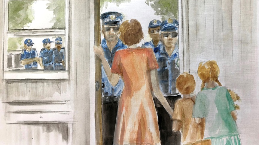 Illustration of a woman opening a door to find police officers outside, while her children stand nearby.