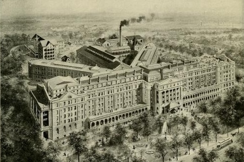 Sketch of the Battle Creek Sanitarium and Hospital in Michigan, USA, 1908.