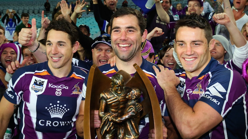 Billy Slater, Cameron Smith and Cooper Cronk with the premiership trophy.
