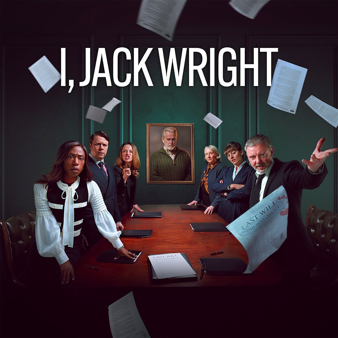 Corporate employees around a conference table with flying papers