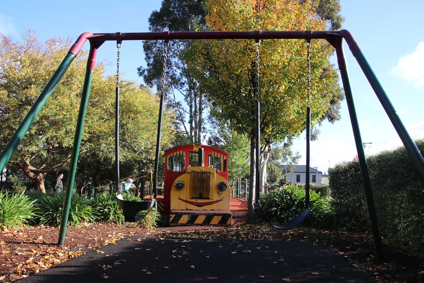 A swings set and train in Launceston's city park surrounded by autumn leaves
