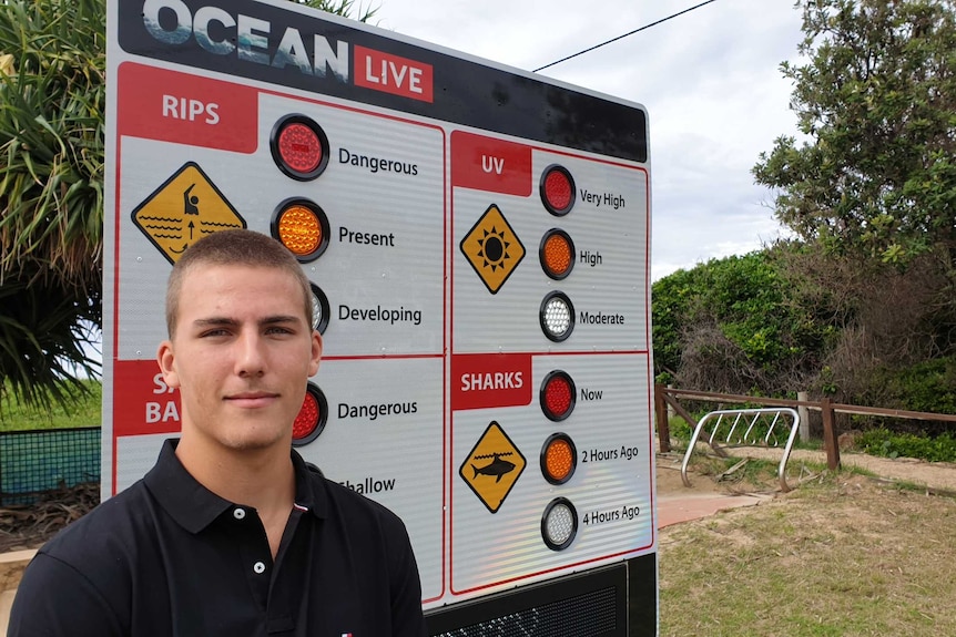 A young man stands in front of a beach signs warning about dangerous currents