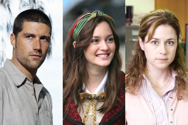 A composite image showing characters Jack Shephard from Lost, Blair Waldorf from Gossip Girl, and Pam Beesly from The Office.