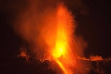 Lava spews from Mount Etna lighting up the night sky.