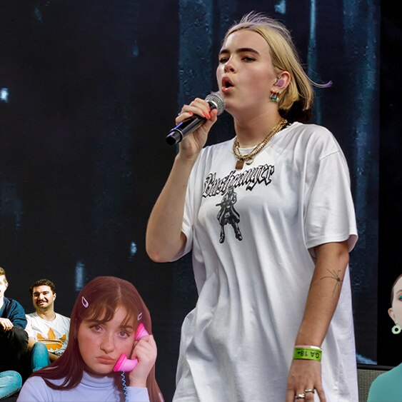 BENEE performing live (young woman with blonde short hair and a white t-shirt) with artists and the If You Like logo on top.
