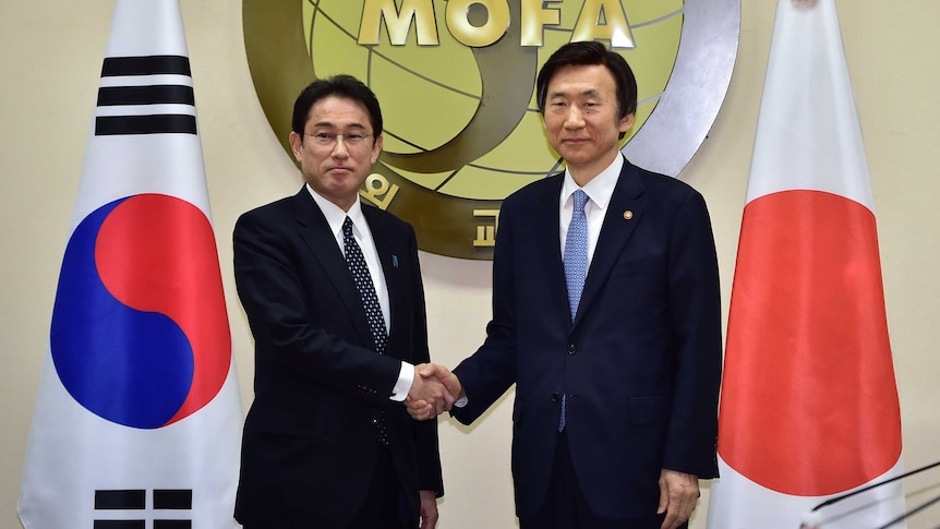 South Korea's and Japan's foreign ministers shake hands in Seoul