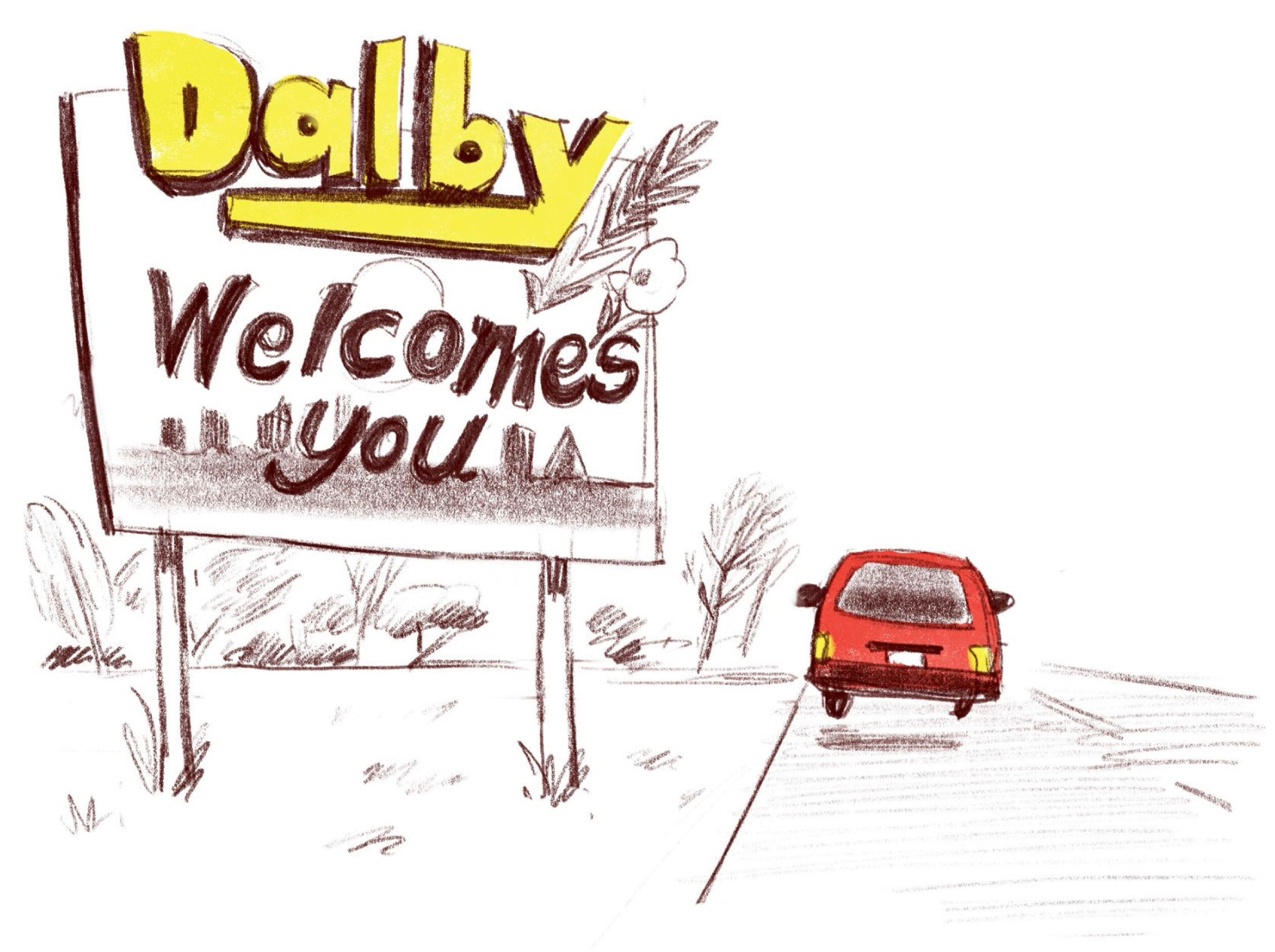 A sign saying "Dalby welcomes you" as a red car drives past.