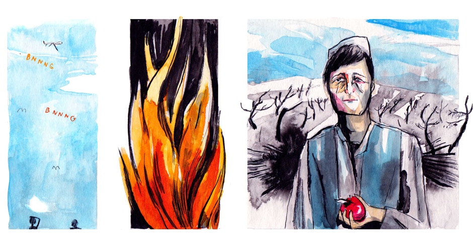 Left: Two people watch a drone in the sky. Centre: Flames. Right: A man holds an apple in front of a grove of burnt trees.