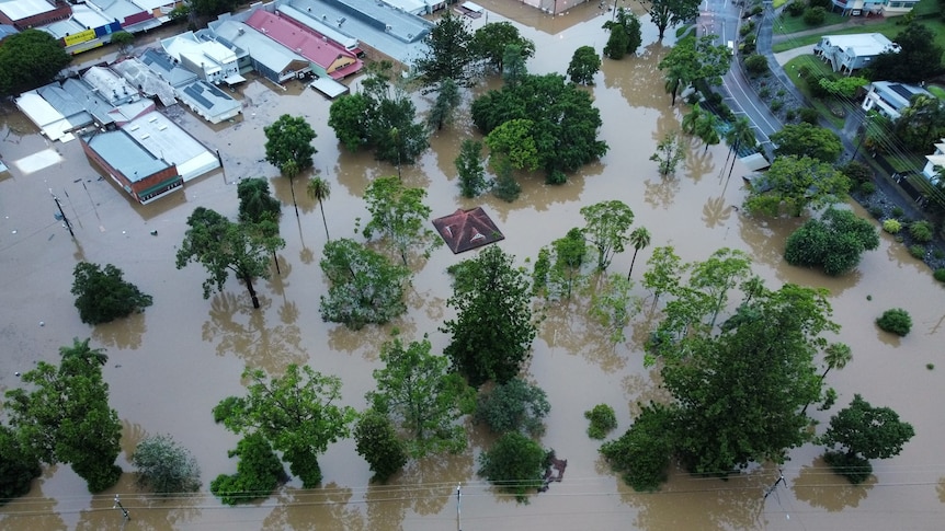 Aerial shot of flooded Gympie streets