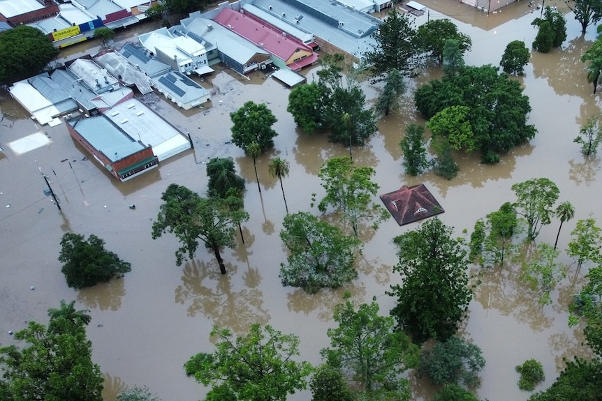 Aerial shot of flooded Gympie streets.
