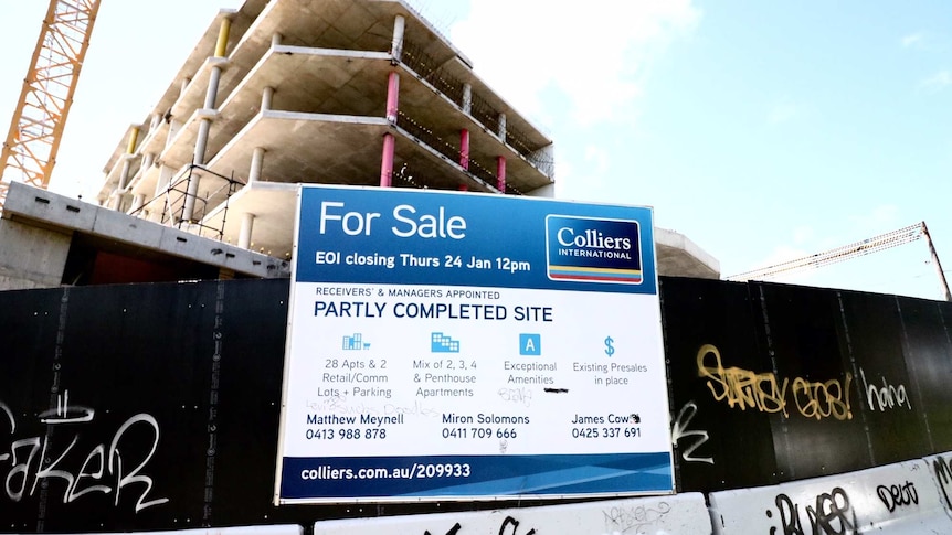 An apartment construction site in Cronulla sits idle after the developer went under, March 20, 2019.