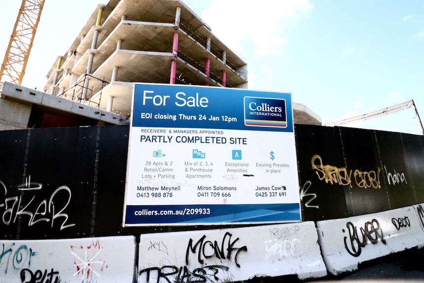 An apartment construction site in Cronulla sits idle after the developer went under, March 20, 2019.