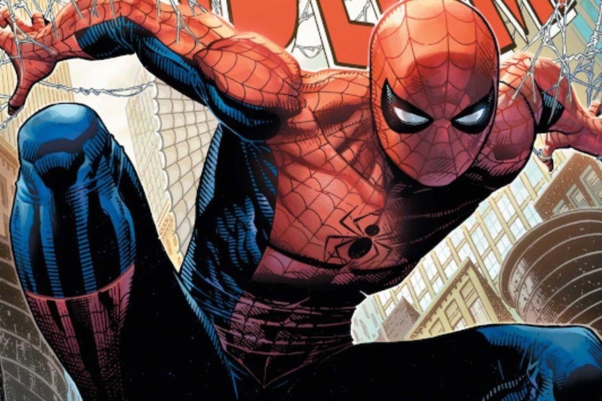 Spider-Man leaps on a comic book cover.