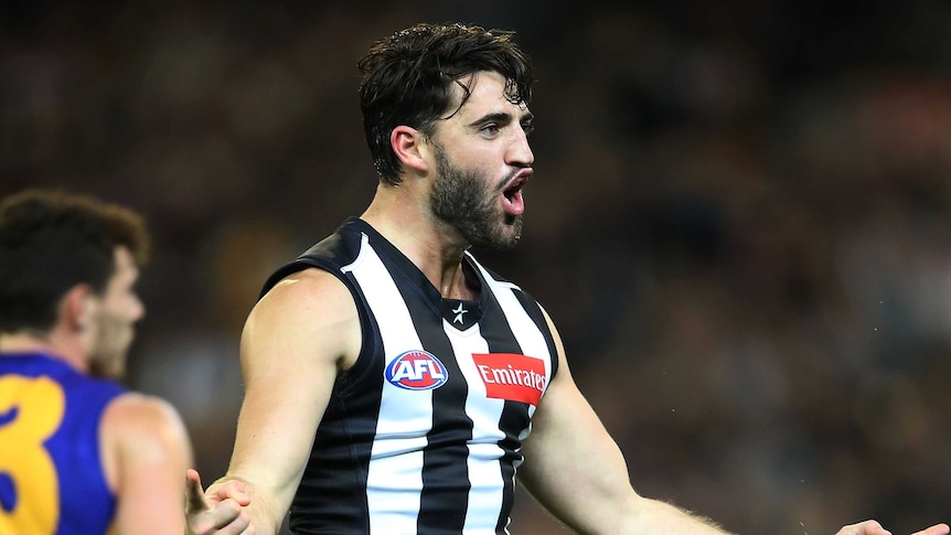 On song ... Alex Fasolo celebrates a goal for the Magpies