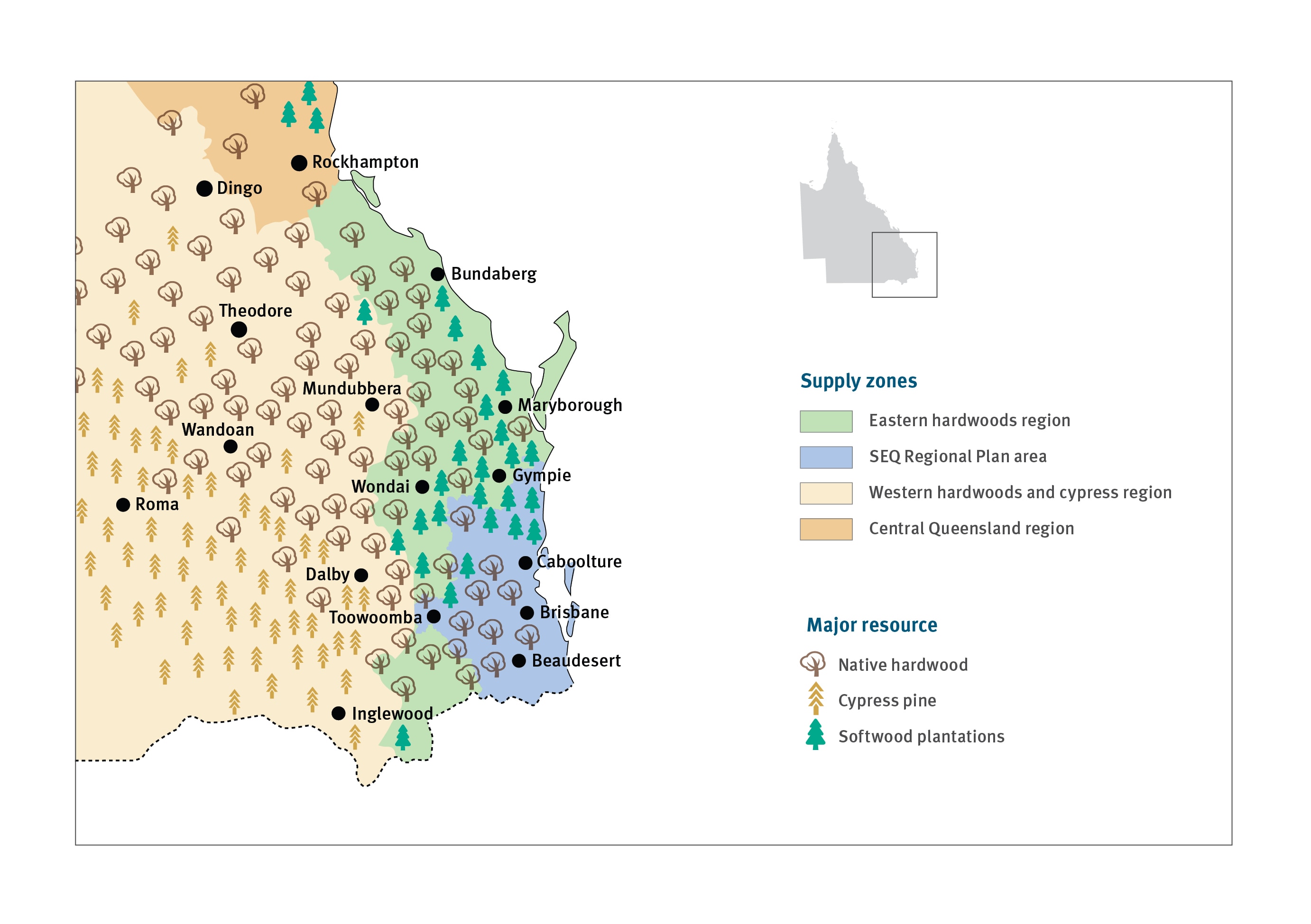 A map showing the different logging regions in Queensland. 