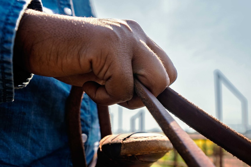 A close up shot of a woman's hand holding leather reins