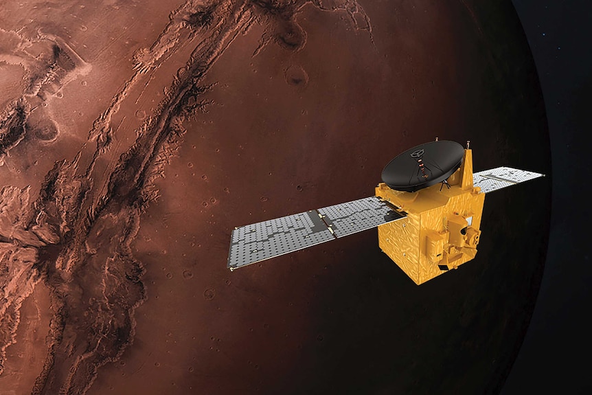 Rendering provided by Mohammed Bin Rashid Space Centre shows the Hope probe in front of Mars.