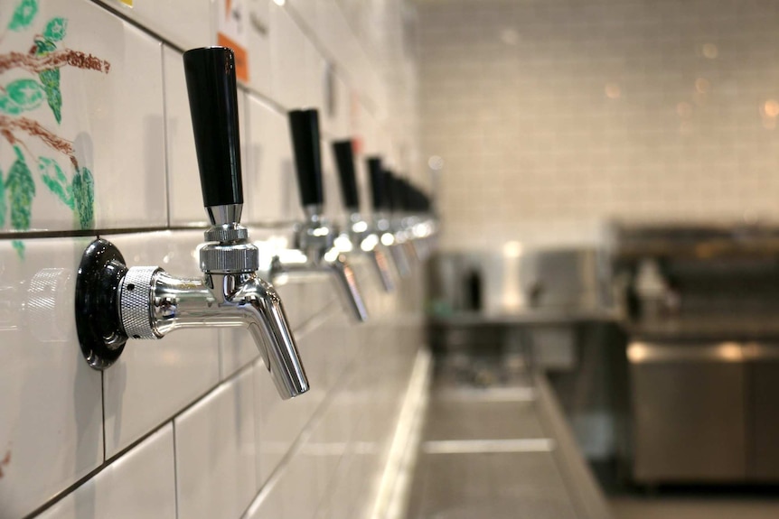 A line of beer taps at Revel at Bulimba brewery.