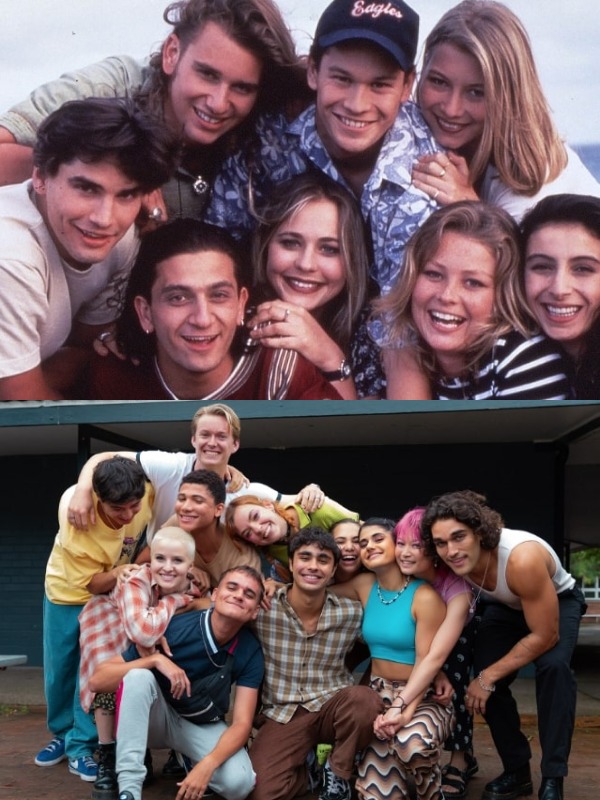 Two groups of teenagers all holding onto each other and smiling. 