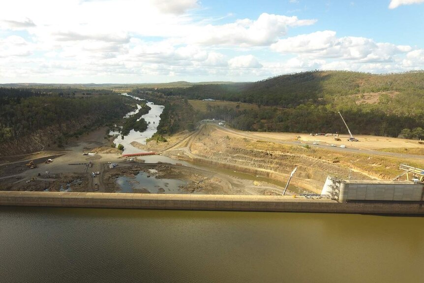 Drone photo of construction work being done on Paradise Dam near Bundaberg.