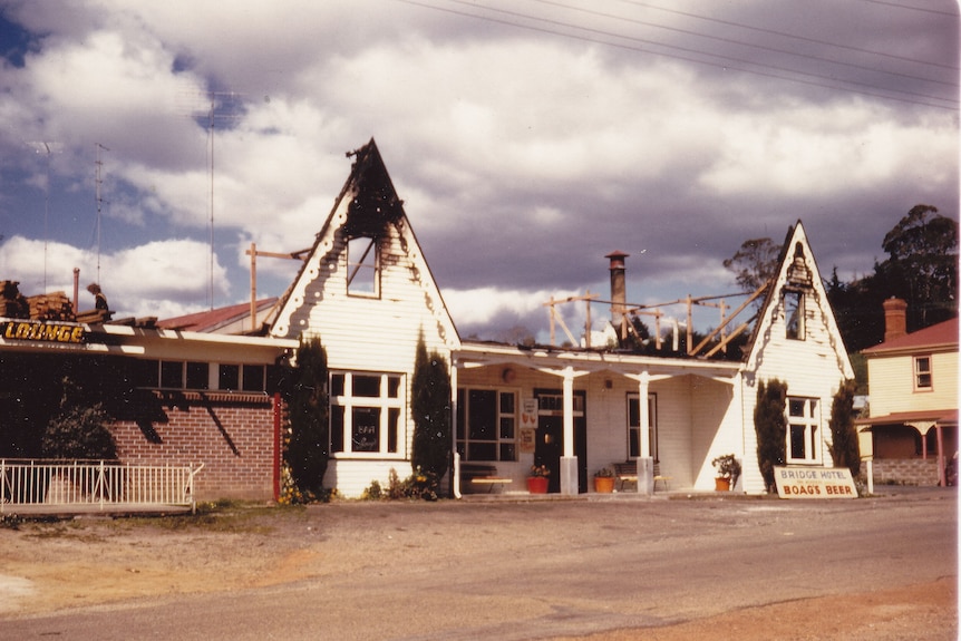 The burnt upper floor of the Forth Pub in 1972 photo, twin gables charred but intact.