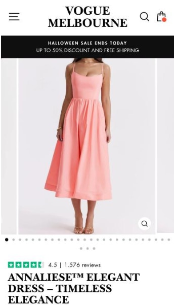 Mobile view of a shopping website called Vogue Melbourne. A woman wearing a pink dress is featured.