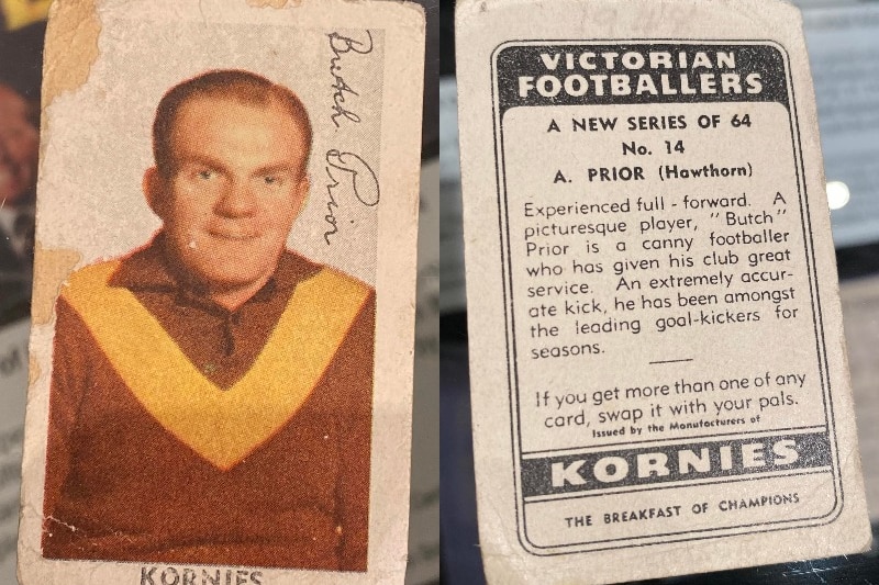 Una imagen compuesta del anverso y el reverso de una tarjeta de fútbol Kornies del jugador de Hawthorn VFL, Butch Prior.