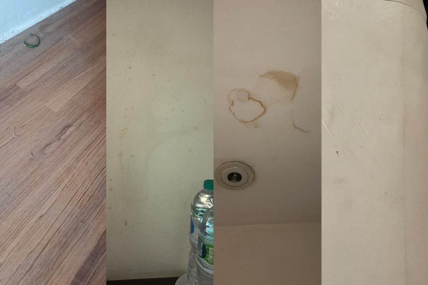 Collage of four pictures showing dirty floor, bed sheet, and wall of an isolation hotel in Jakarta.