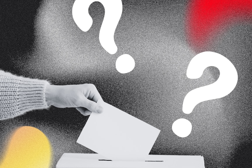 A grey background with a photo of a hand putting a piece of paper in a ballot box, question marks surround. 