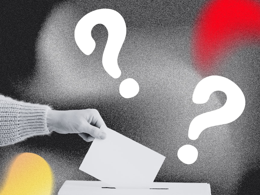A grey background with a photo of a hand putting a piece of paper in a ballot box, question marks surround. 
