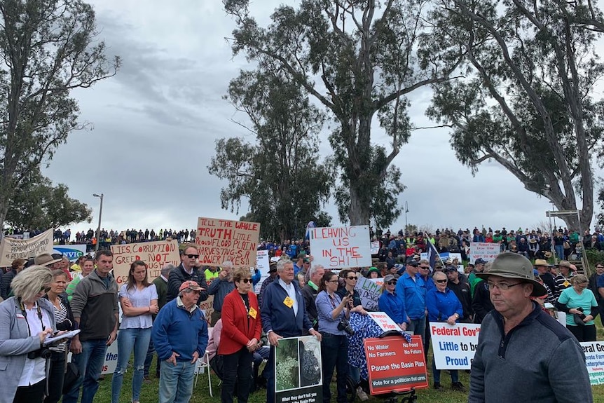 a sea of people holding signs like no water no farmers and tell the whole truth