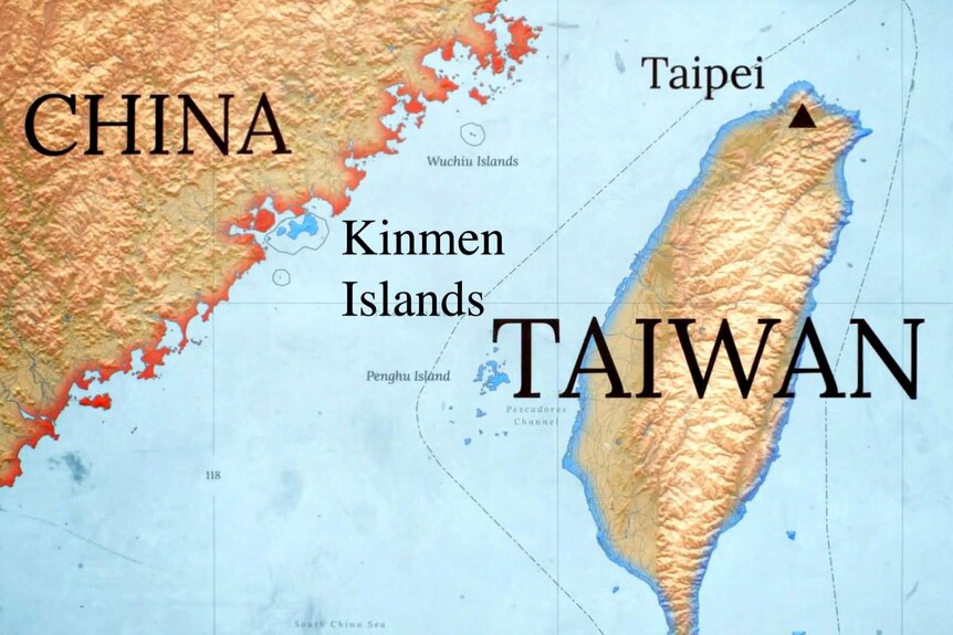 A map of the Kinmen Islands and China next to Taiwain