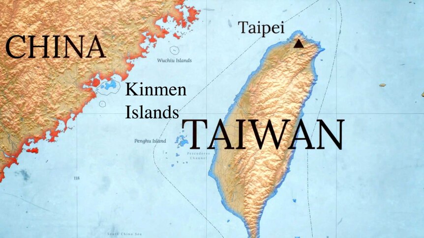 A map of the Kinmen Islands and China next to Taiwain
