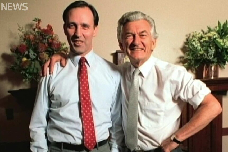 Paul Keating (left) and Bob Hawke (right) wearing white shirts and coloured ties.
