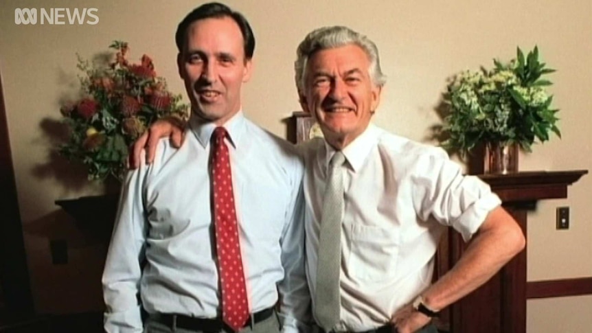 Paul Keating (left) and Bob Hawke (right) wearing white shirts and coloured ties.