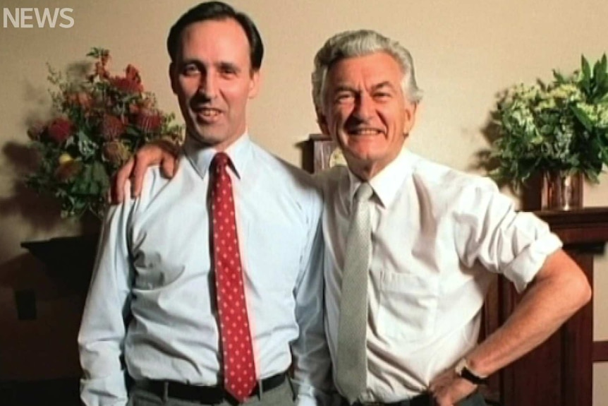 Paul Keating (left) and Bob Hawke (right) wearing white shirts and coloured ties.